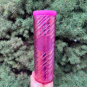 New Starbucks 2022 Christmas Holiday Sangria Pink Spiral Textured Tumbler 16oz
